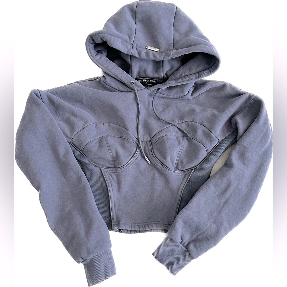 Maniere De Voir cropped hoodie with vegan leather corset blue Size 10